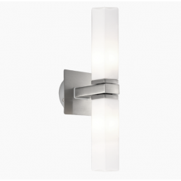 Double bathroom light fixture with a silver metal frame and transparent lighting elements.