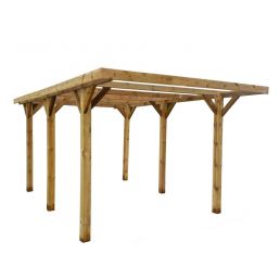 Rustik träskjul med åtta stolpar.