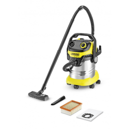 Roostevabast terasest korpusega kollane-must vee- ja tolmuimeja, pikk painduv voolik ja erinevad otsikud, kaasas filter ja tolmukott.