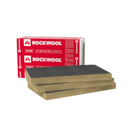 Förpackning av stenullsplattor Ventirock F Super med vindskydd, dimensioner 30x600x1000 mm, rödvit förpackning.