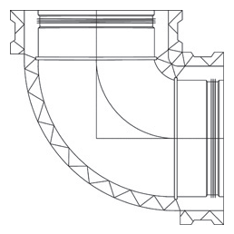 Isolerad ventilationsbåge vid 90° vinkel, 200 mm i diameter, presenteras som en detaljerad teknisk ritning.