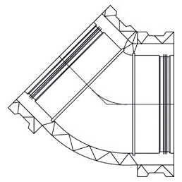 Isolerad ventilationsböj 45°, diameter 200mm, detaljerad teknisk ritning.