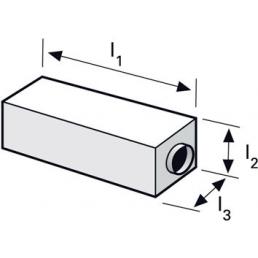 Tredimensionellt diagram av en ventilationsljudsdämpare med angivna dimensioner för längd (l1), bredd (l2) och höjd (l3).