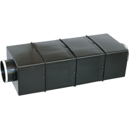 Svart rektangulär ventilationsljuddämpare, storlek 160-1000 mm, med ett anslutningsrör.