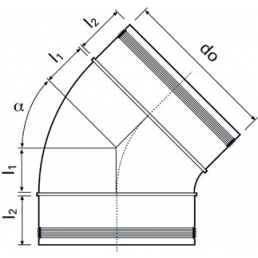 Teknisk ritning av en 100mm 45° ventilationsböj som visar mått som diameter och vinkel.