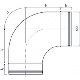 Illustration av en 90° ventilationsböj med en diameter på 160 mm, visar dimensioner och form.