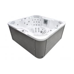 Viken mini pool, gray metal frame, versatile with various nozzles, control panel.