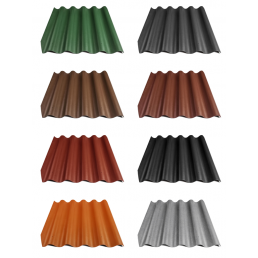 Eri värisiä aaltopahvisia eterniittilevyjä: vihreä, harmaa, ruskea, tiilenpunainen, musta, oranssi ja hopeanharmaa.