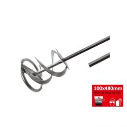 Hõbedane seguvispel koos kahe spiraalse labaga, mõõtmetega 100x480 mm, mõeldud ehitussegude segamiseks.