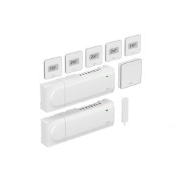 Trådlöst Uponor Smatrix Wave startpaket Pulse L inkluderar två termostater och flera kontrollpaneler, alla i vitt.