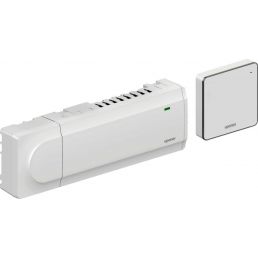 Valkoinen langaton Uponor Smatrix Wave Pulse X-265+R-208 lämmönhallintajärjestelmän lähetin ja vastaanotin.
