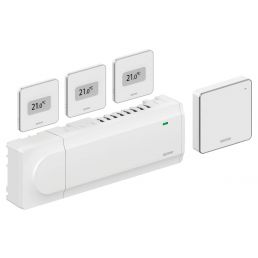 Vitt Uponor Smatrix Wave trådlöst startpaket Pulse S, som inkluderar en nod, tre väggtermostater och en kontroller.