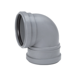 Harmaa 88,5° PVC-viemäriputken kulma, halkaisija 110 mm, lyhyt malli.