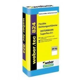 20 kg Weber.tec 824 mineraalne hüdromass, kollase ja sinise pakendiga, ehitusmaterjal akna- ja soklisõlmede tihendamiseks.