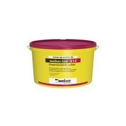 Kollane ja roosa Weber.ton 412 dispersioonvärvipakend, plastämber sirgete külgedega.