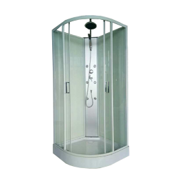 Curved shower cabin with transparent glass walls and silver details, dimensions 85x85x225 cm.