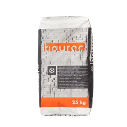 Grå, fyrkantig papperssäck på 25 kg med text, orange design och 