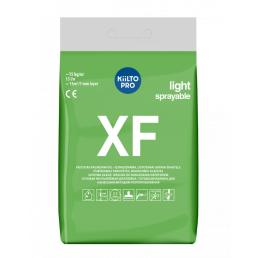 Grön förpackning med vit och svart text, märkt 'Kiilto PRO', 'XF', 'light sprayable'. Rivställe längst upp.