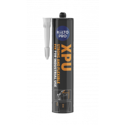 Musta 290 ml polyuretaanivahvistettu liimamassa kartiomaisessa tuubissa Kiilto Pro -sarjasta, XPU-sarja.